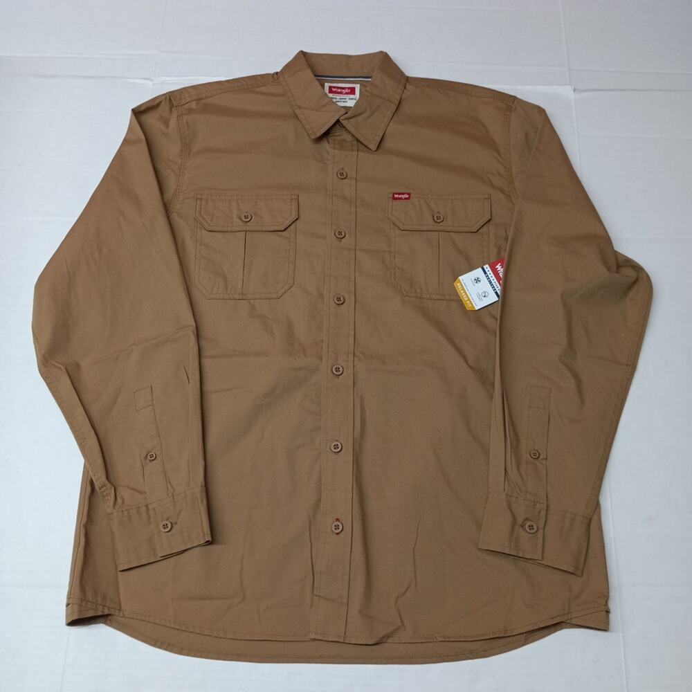 Wrangler Big Men's Relaxed Fit Long Sleeve Woven Button Up Shirt Size L Brown